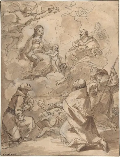 The Holy Family Appearing to St. Francis, St. Augustine, and St. Roch by Шарль-Жозеф Натоир — digital art print download