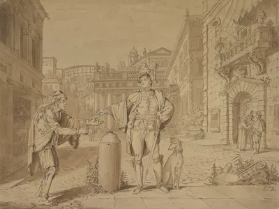 Nobleman Giving Alms to Beggar in Piazza near the Coliseum by Конрад Мартин Мец, 1813 — digital art print download