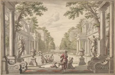 View of a Palace Garden with a Central Pond Surrounded by Classical Architecture by Daniel Marot the Elder — digital art…