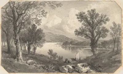View of a lake or river with a sailboat by David Octavius Hill — digital art print download