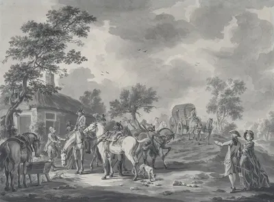 A Gathering of Horsemen and a Coach near a Watering Place by Dirk Langendijk, 1776 — digital art print download