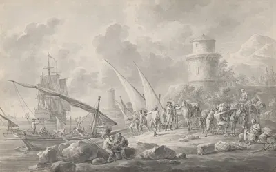 Soldiers Loading Barges for a Large Sailing Ship Along the Coast by Dirk Langendijk, 1784 — digital art print download