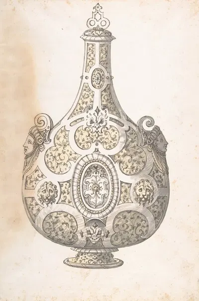 Design for a Silver- gilt Flask Decorated with Strapwork, Masks, Moresques by Erasmus Hornick — digital art print download