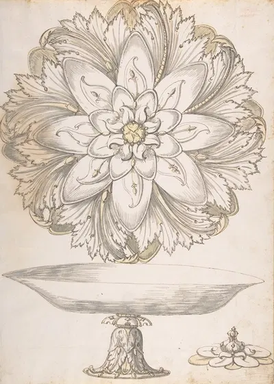 Design for Single Footed Dish with Cover Shaped like Flower and Foliage by Erasmus Hornick — digital art print download