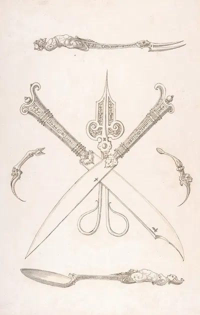 Design for Spoon, Fork, Two Knives (Crossed over scissors), Scissors, Ear Spoon and Toothpick by Erasmus Hornick — digital…