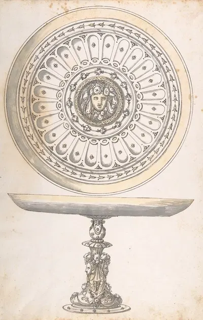 Shallow Round Dish on tall Pedestal Decorated with Fruit and Female Masks by Erasmus Hornick — digital art print download