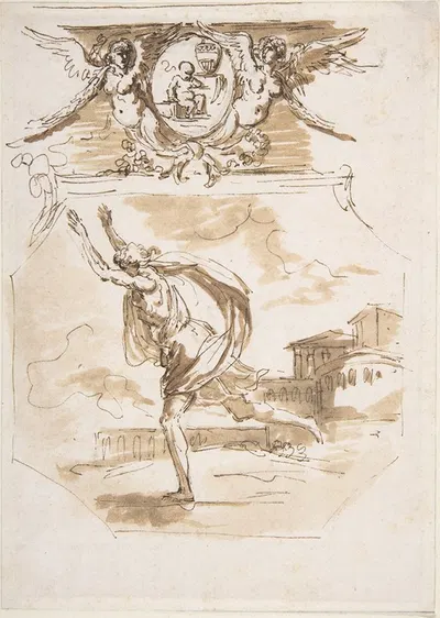Draped Man Running; Cartouche Supported by Two Winged Victories by Etienne de Lavallée-Poussin — digital art print download
