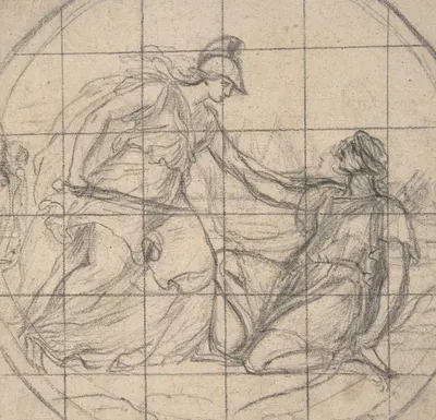 Design for a Medallion; Huntress Kneeling before an Armed Goddess by Eustache Le Sueur — digital art print download