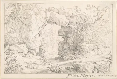 Landscape with a Natural Arch and a Waterfall by Феликс Мейер — digital art print download