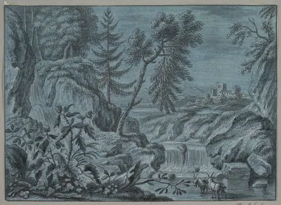 Southern Landscape with a Waterfall and Goats late by Ferdinand Kobell — digital art print download