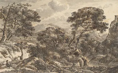 Southern Landscape with Resting Wayfarers at a River by Ferdinand Kobell — digital art print download