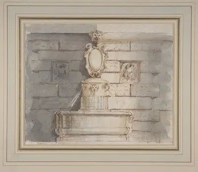 Design for a Fountain at a Street Corner Decorated with Putti Heads, a Coat of Arm and a Gargoyle Head on the Top by…