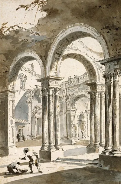 A Colonnade, Partly Ruined, with Figures by Франческо Гуарди — digital art print download