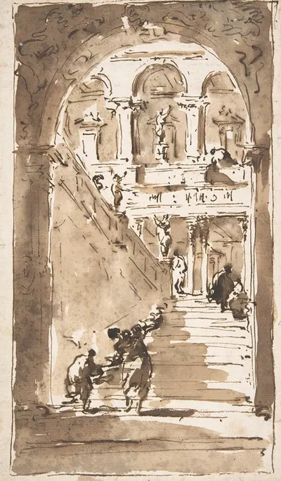 Architectural Fantasy; Figures on a Grand Staircase by Франческо Гуарди — digital art print download