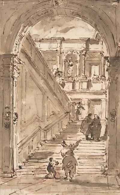 Architectural Fantasy; Figures on a Grand Staircase by Франческо Гуарди — digital art print download