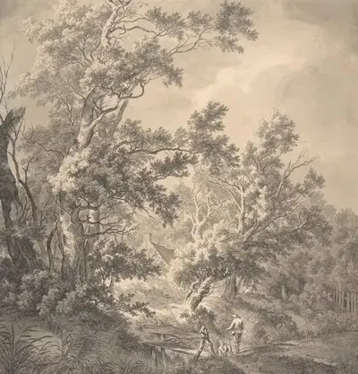 Landscape with a House Hidden Between Trees and Two Men Near a Small Bridge by Franciscus Andreas Milatz — digital art…