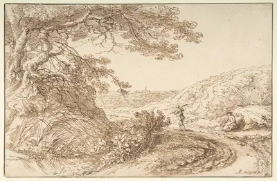 Landscape with old trees and figures by Гиллис Нейтс — digital art print download