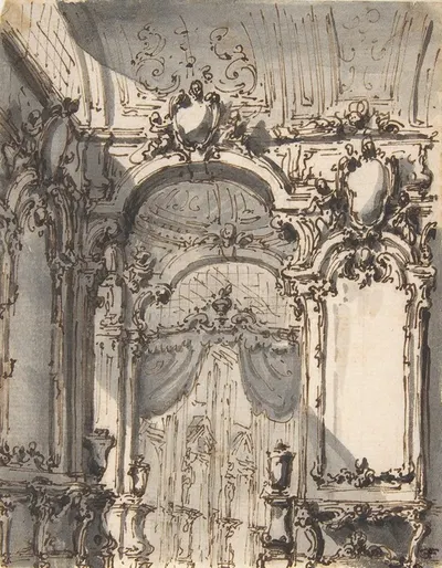 Design for a Stage Set; Interior of a Palazzo Decorated with Large Mirrors and Console Tables by Giovanni Battista Natali…