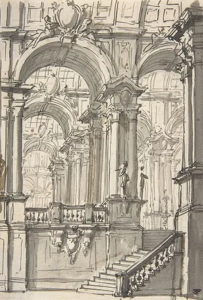 Design for a Stage Sets; Anteroom with Stairs Leading to a Gallery Composed of a Series of Connected Barrel Vaults by…