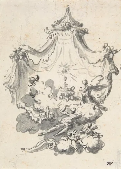 Parted Curtains Revealing Angels Upon Clouds Worshipping a Monstrance by Giovanni Battista Natali III, 1698–1765 — digital…