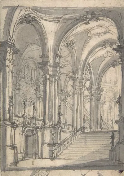 Design for a Stage Sets Groin-vaulted Stairway Leading to a Gallery with Another Stairway to a Second Story at Left by…