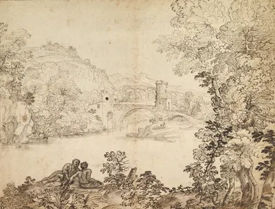 Landscape with a Bridge and Two Figures by Джованни Франческо Гримальди — digital art print download