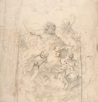 A Bearded Prophet in Glory Attended by a Bishop, Two Other Male Saints, and Angels (Design for a Section of a Dome) by…