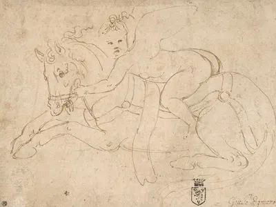 Winged Infant Riding a Crouching Horse by Джулио Романо — digital art print download