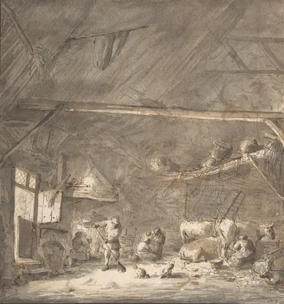 Barn Interior with Peasants and Cows by Исаак ван Остаде — digital art print download