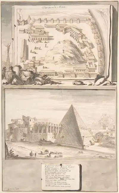 View of the Mons Testaceus (above) and the Pyramid of Cestius (below) by Jan Goeree — digital art print download