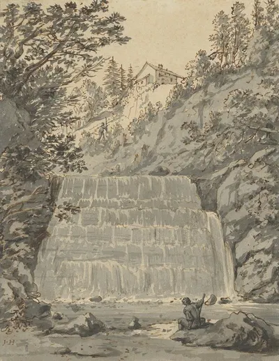 A Waterfall in Switzerland with a Resting Wayfarer by Ян Хакаерт — digital art print download