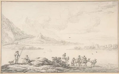 Landscape with mountains and a lake, figures in the foreground by Jan van der Meer the Younger, 1687 — digital art print…