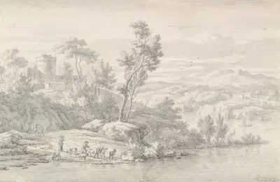 Southern Landscape with Figures and Cattle at a River by Ян ван дер Меер младший, 1686 — digital art print download