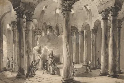 Visitors with Torches Inside a Circular Building by Жан Пьер Луи Лоран Уэль — digital art print download