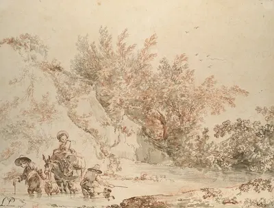 Landscape with Peasants Fording a Stream by Жан-Батист Лё Пренс, 1756 — digital art print download