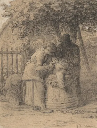 Sheepshearing Beneath a Tree by Жан-Франсуа Миле — digital art print download