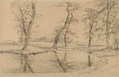A Brook near a Farm in Usserød with Cows and Two Figures by Йохан Томас Лундбю, 1847 — digital art print download
