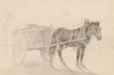 A Cart Drawn by a Brown Horse Near a Lamp Pole by Иоганн Адам Кляйн — digital art print download