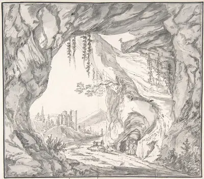 Mountainous Landscape with Ruins of a Castle and Three Men in a Cave, Seen through a Stone Gate by Иоганн Каспар Хубер —…