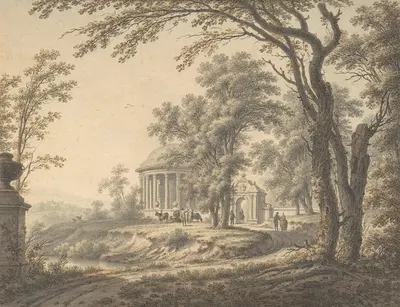 Idyllic Landscape with Temple by Иоганн Генрих Мюнц, 1770 — digital art print download