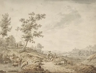 Landscape with Herdsmen and Their Cattle by Йорданус Хорн, 1785 — digital art print download