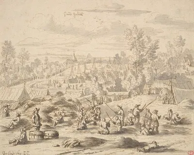 Peasants in a Landscape with a Military Camp in Grand-Hallet by Иосуа де Граве, 1675 — digital art print download