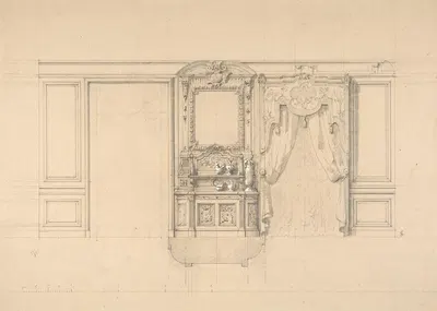 Elevation of a dining room with a carved buffet and window draperies by Жюль-Эдмон-Шарль Лашаиз — digital art print download