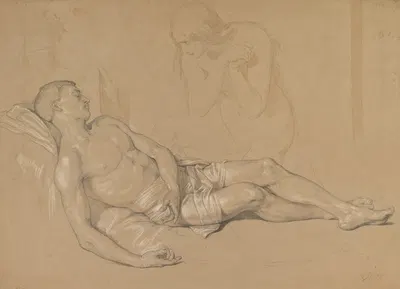 A Nude Woman Kneeling at the side of a Reclining Man (Study for Mary Magdalen Lamenting Christ) by Юлий Хюбнер, 1857 —…