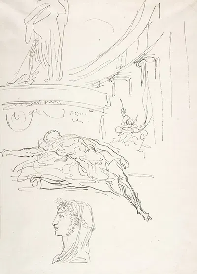 Sheet of Studies, Including a Roman Head, a Male Figure on a Pyre, and a Colonnade. by Луис Парет и Алькасар — digital art…
