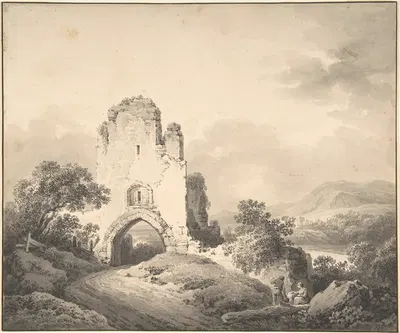 Landscape with a Ruined Tower and Two Figures by Мартин фон Молитор, 1794 — digital art print download