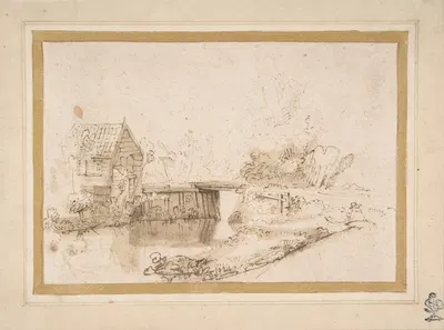 Landscape with a Draughtsman Seated by a River, a Bridge and a Cottage Behind by Nicolaes Maes — digital art print download