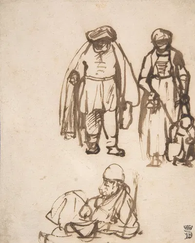 Studies of Two Men and a Woman Teaching a Child to Walk by Николаес Маес — digital art print download