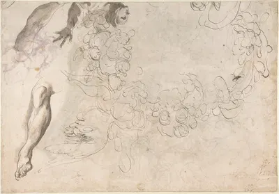 Studies of a Figure with Left Arm Upraised, a Leg, and Putti with Foliage by Paolo Pagani, 1700–1710 — digital art print…
