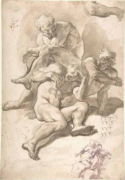 Studies of Three Naked Men, a Right Arm and a Nude Figure Supported by Another by Paolo Pagani, 1700–1710 — digital art…